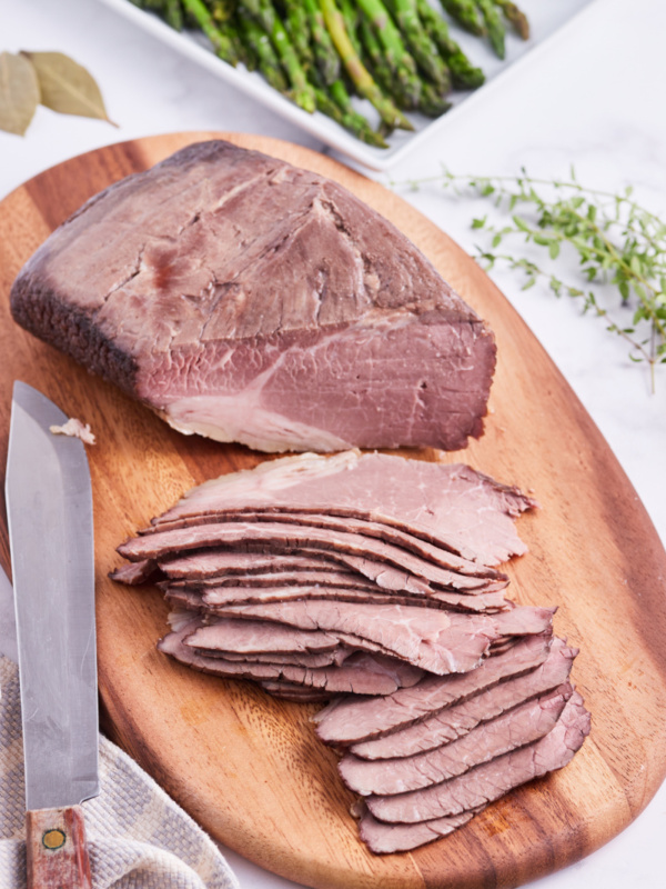 roast beef on board cut into slices