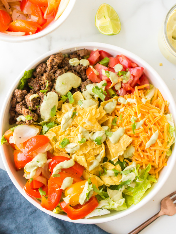 ground beef fajita taco salad in a bowl