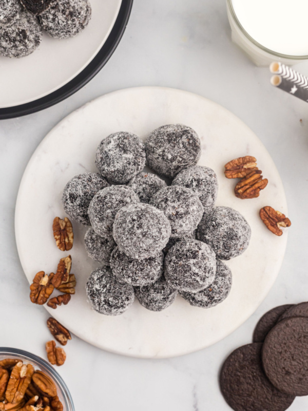 overhead shot of bourbon balls on a plate