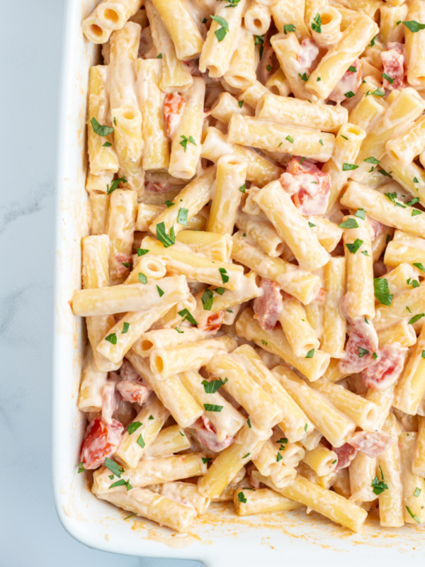 3 cheese baked ziti in a casserole dish