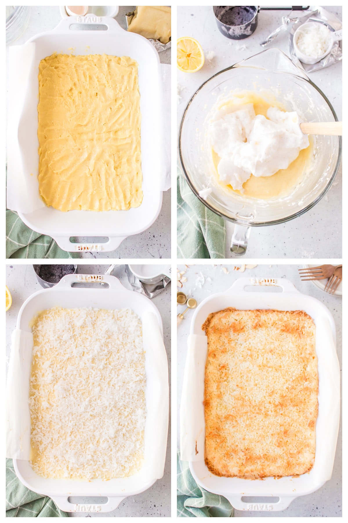 four photos showing how to make almond coconut bars