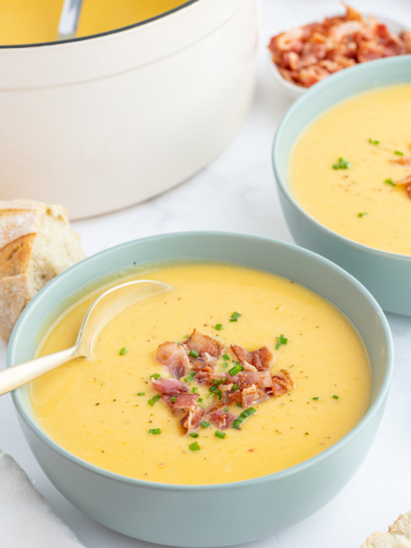 blue bowl with butternut squash soup