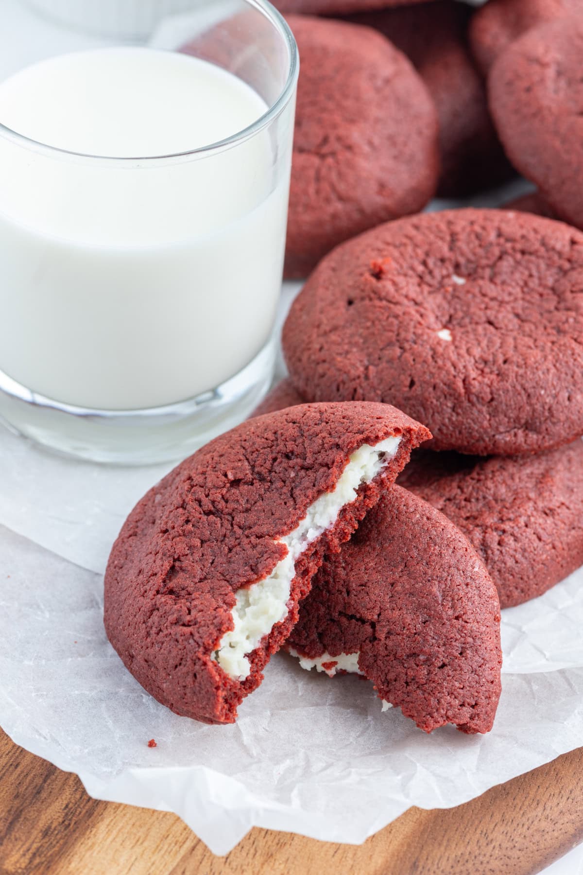 cheesecake stuffed red velvet cookies with milk