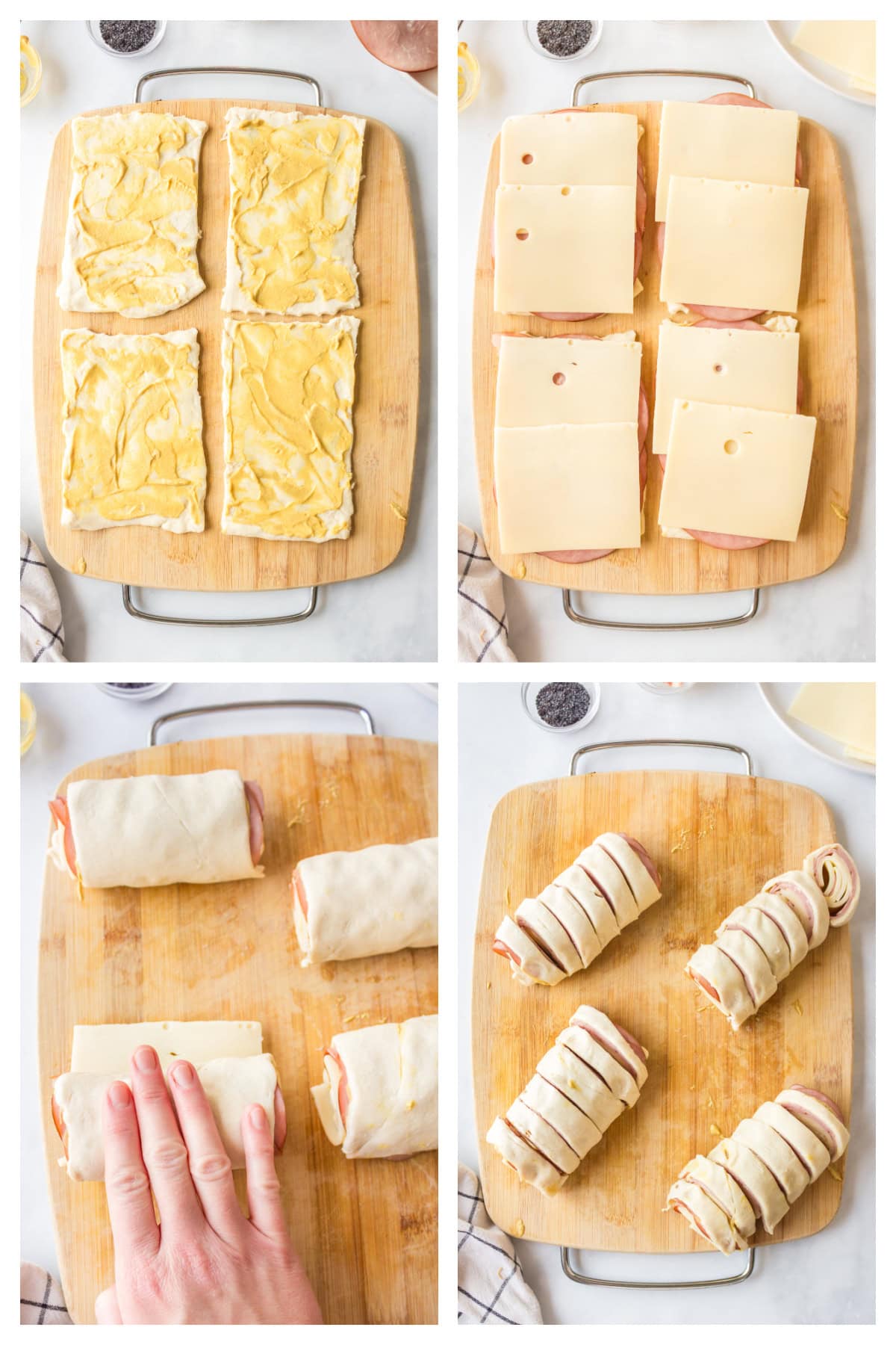 four photos showing how to make ham and cheese pinwheels