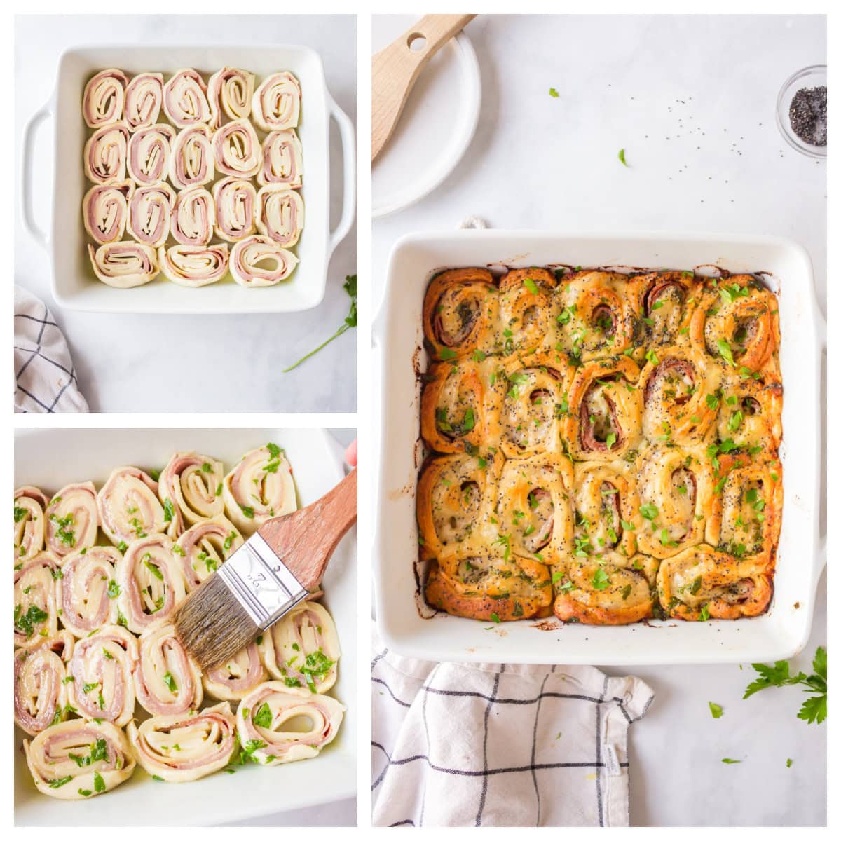 three photos sharing how to make ham and cheese pinwheels