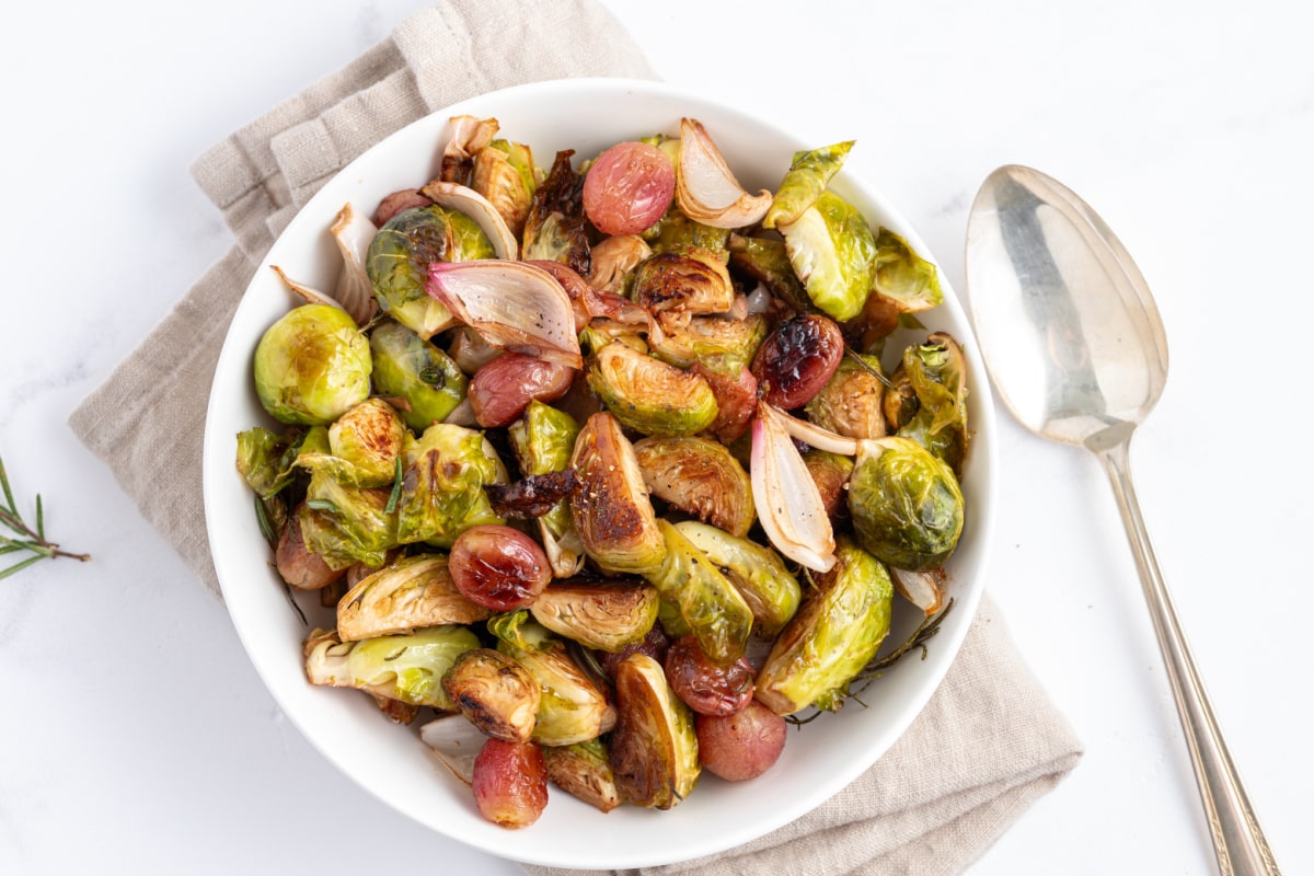 Sheet Pan Balsamic Brussels Sprouts with Grapes and Shallots