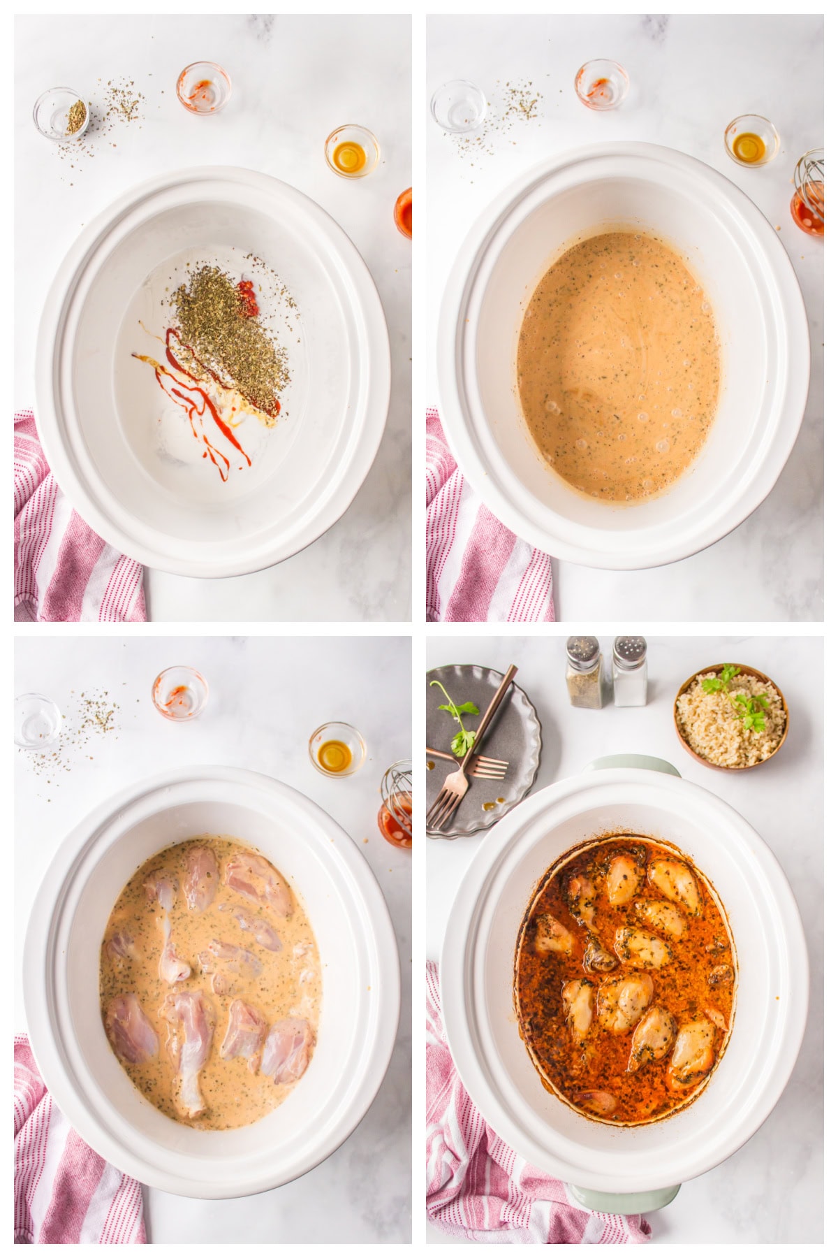 four photos showing how to make slow cooker coconut chicken drumsticks