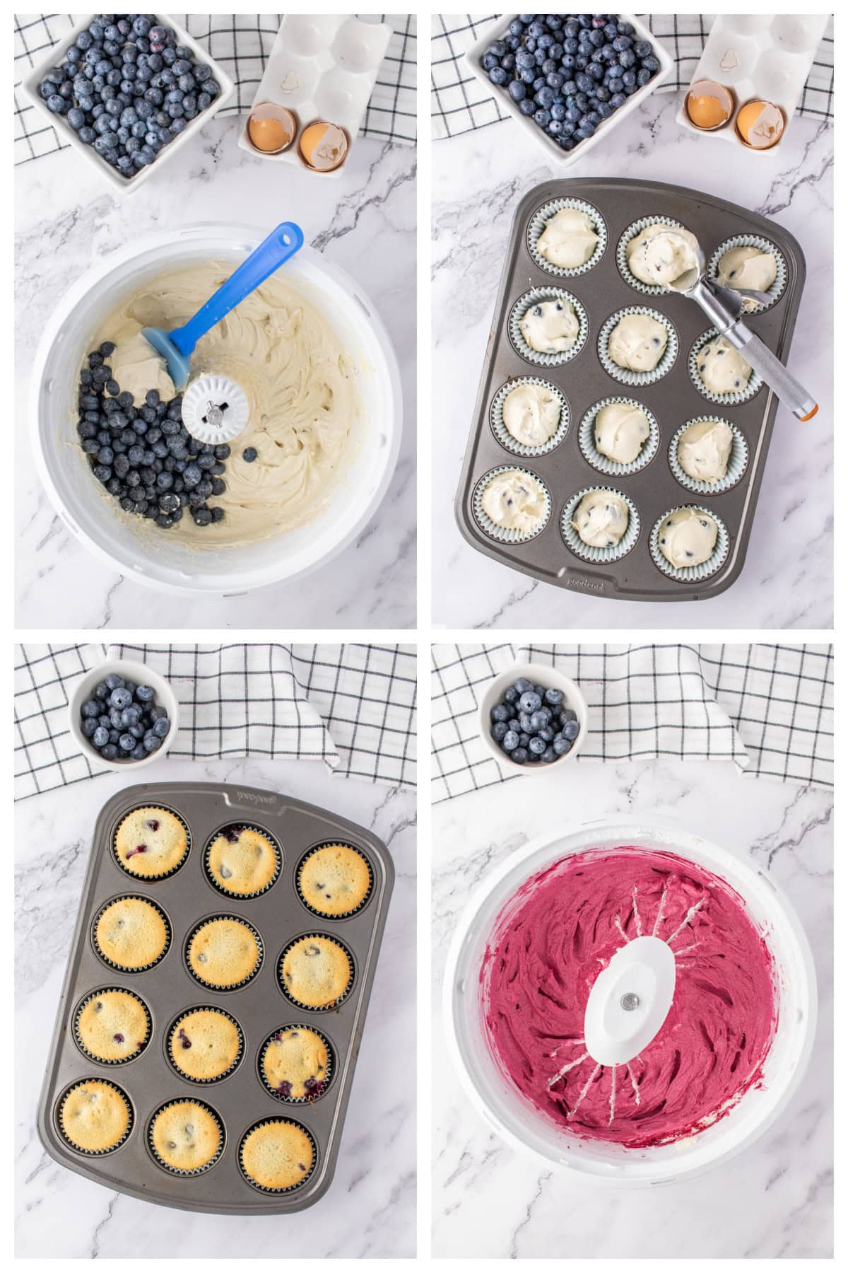 four photos sharing how to make blueberry cupcakes