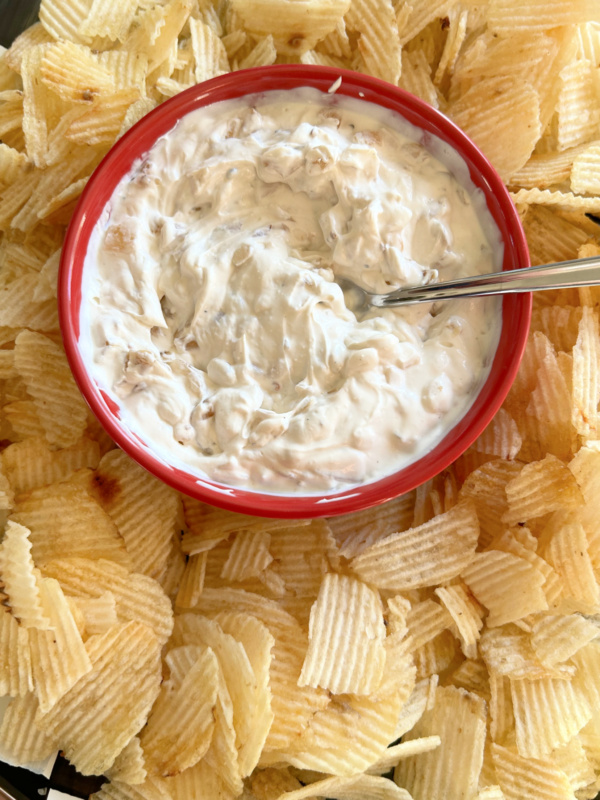 caramelized onion dip in a bowl surrounded by chips