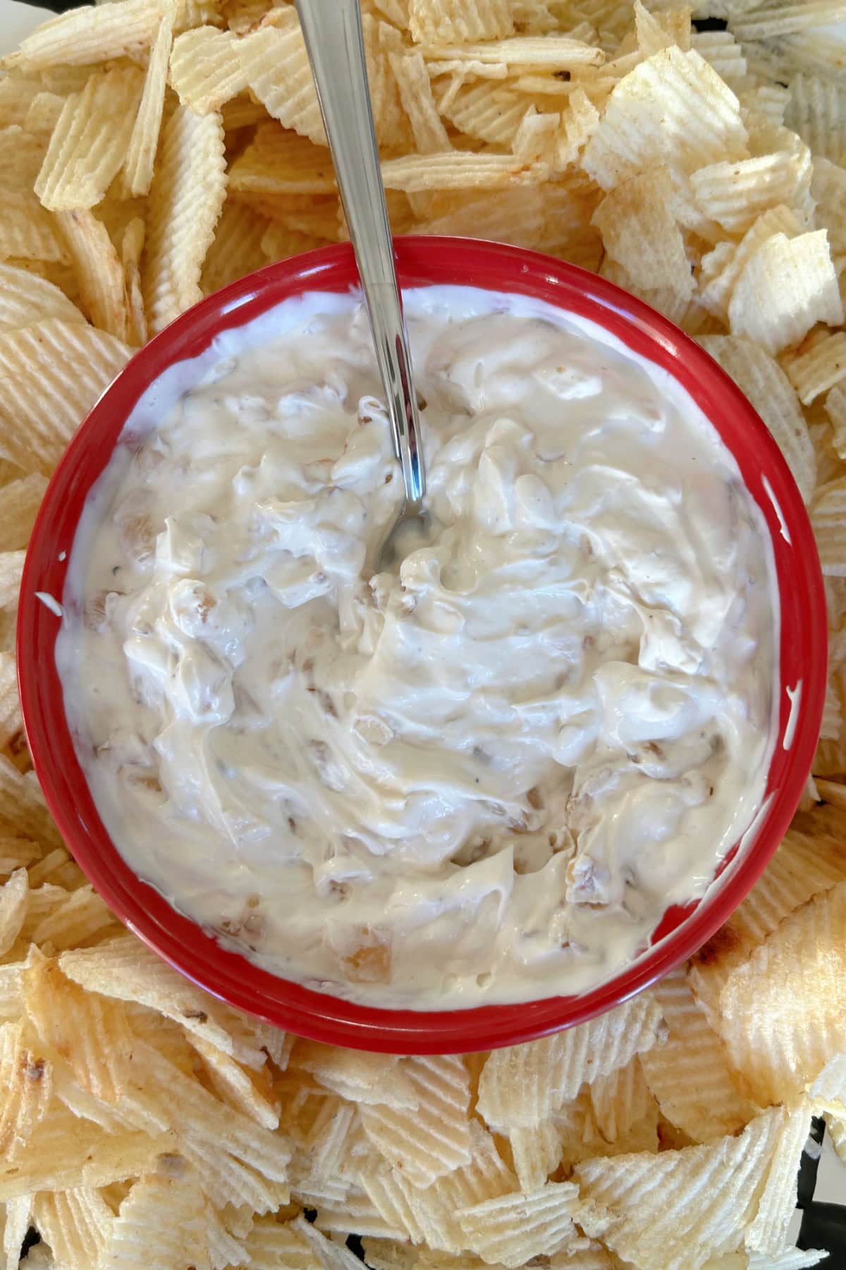 bowl of caramelized onion dip with chips around
