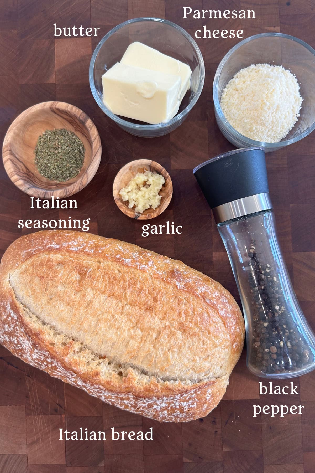 ingredients displayed for making garlic bread spread