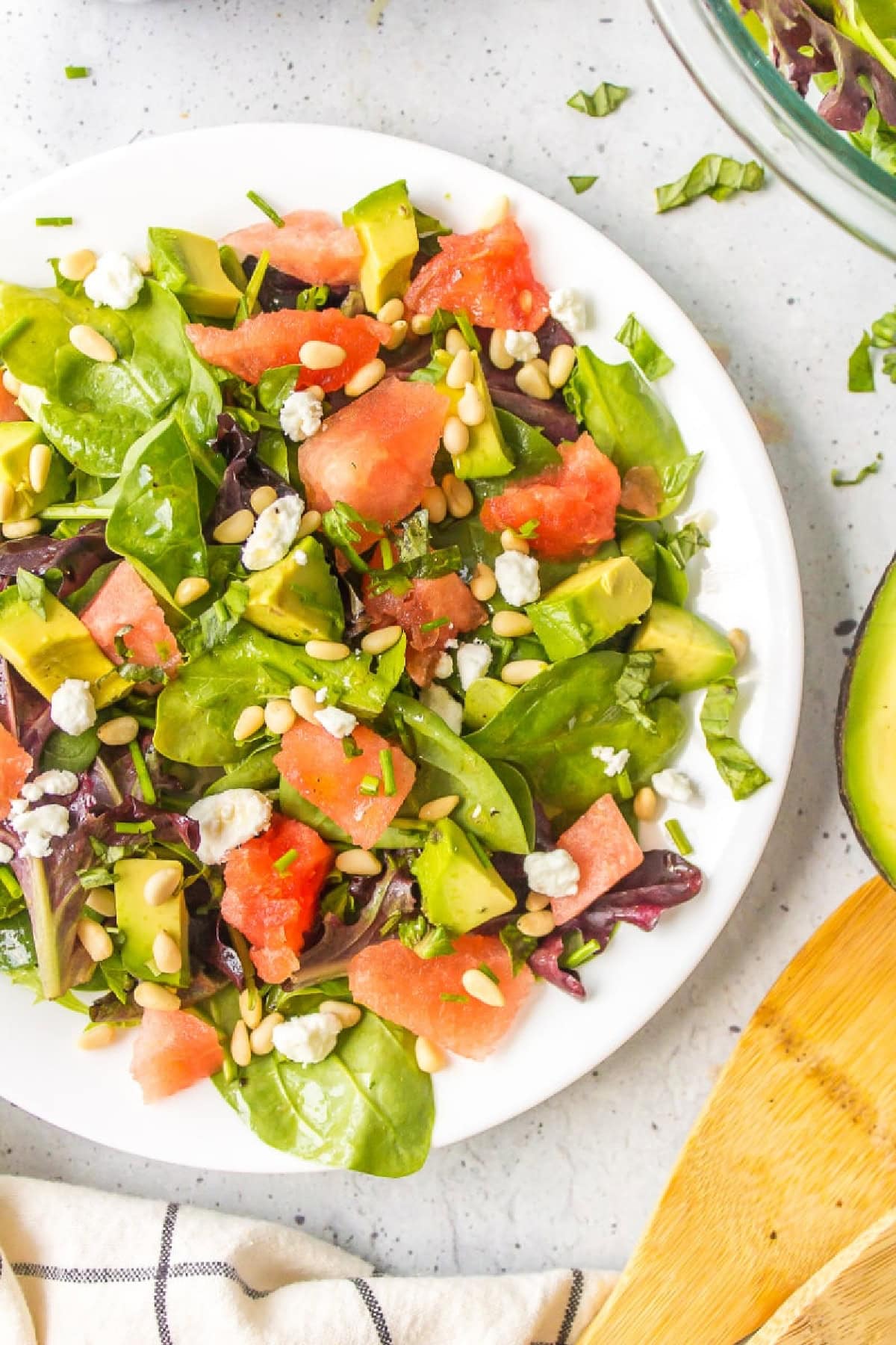 watermelon and avocado salad on a plate