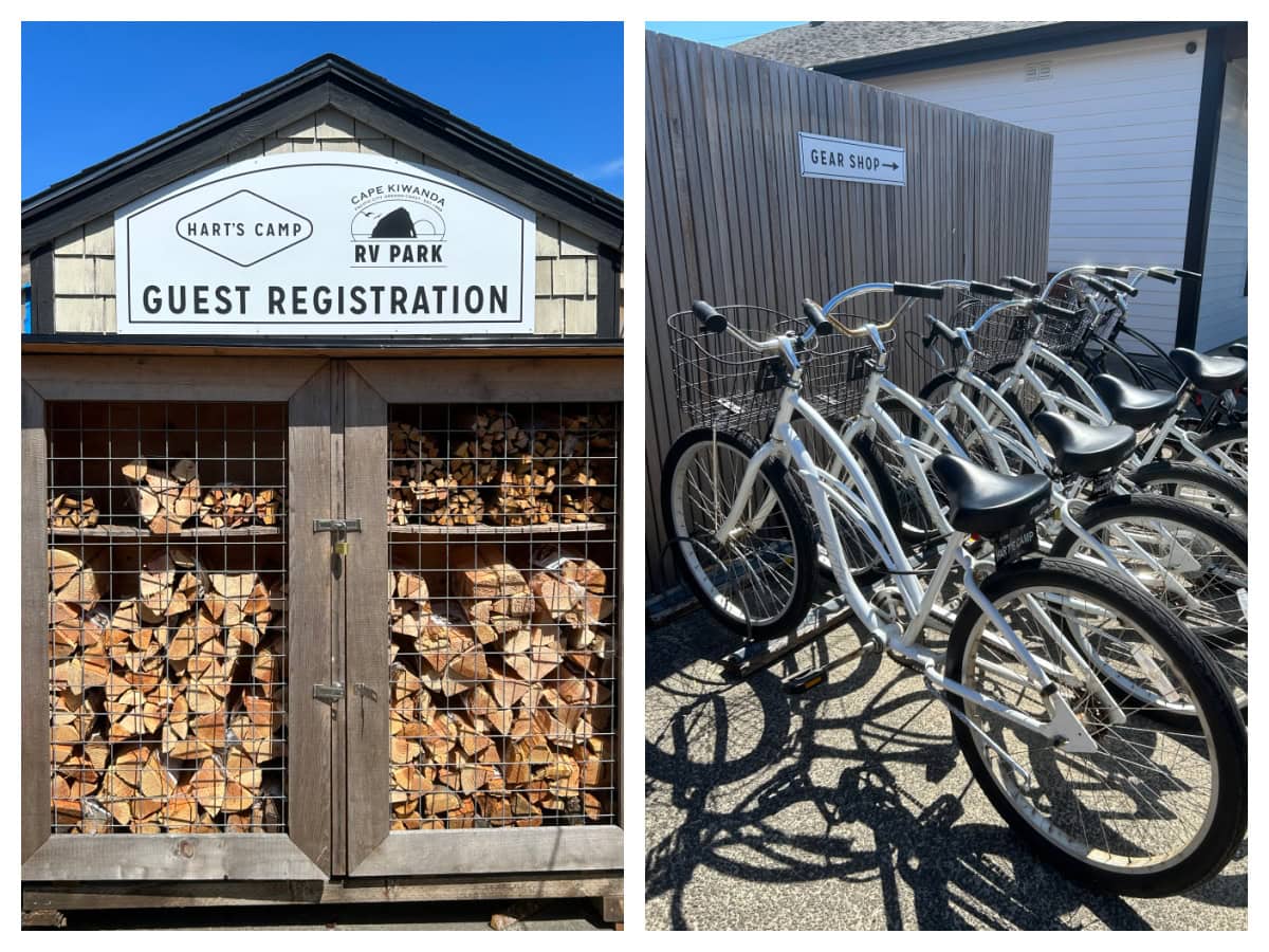 two photos showing stacked wood and bicycles