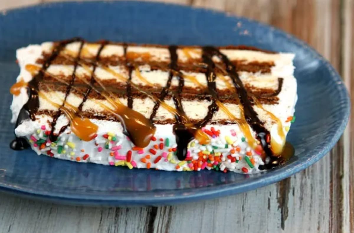 slice of easy ice cream sandwich cake on plate