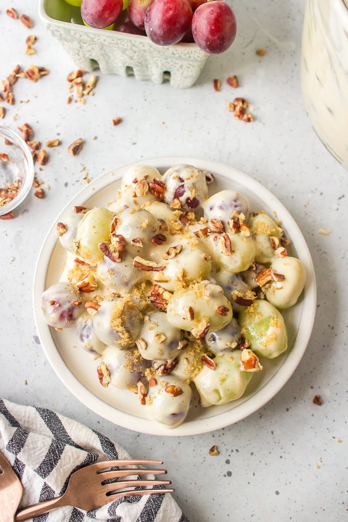 overhead shot of grape salad on plate