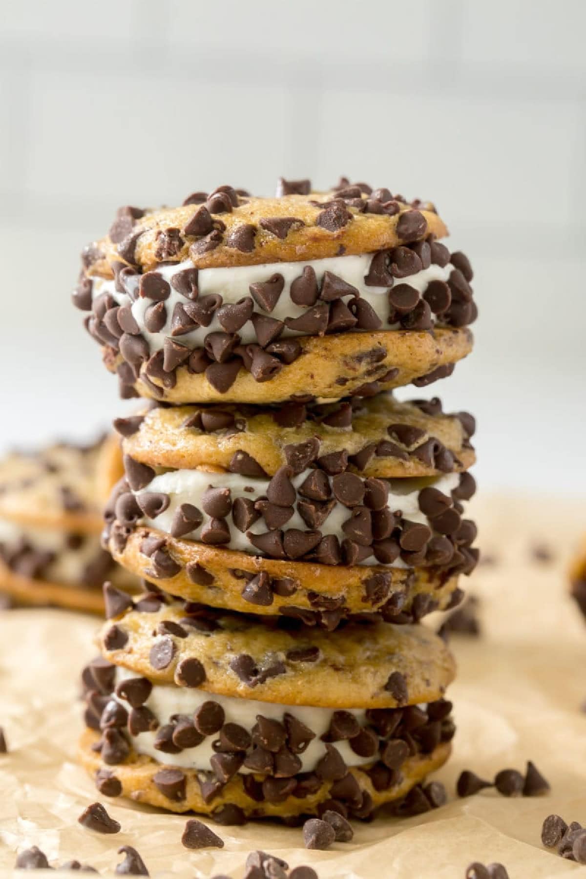 three stacked mini chocolate chip ice cream sandwiches