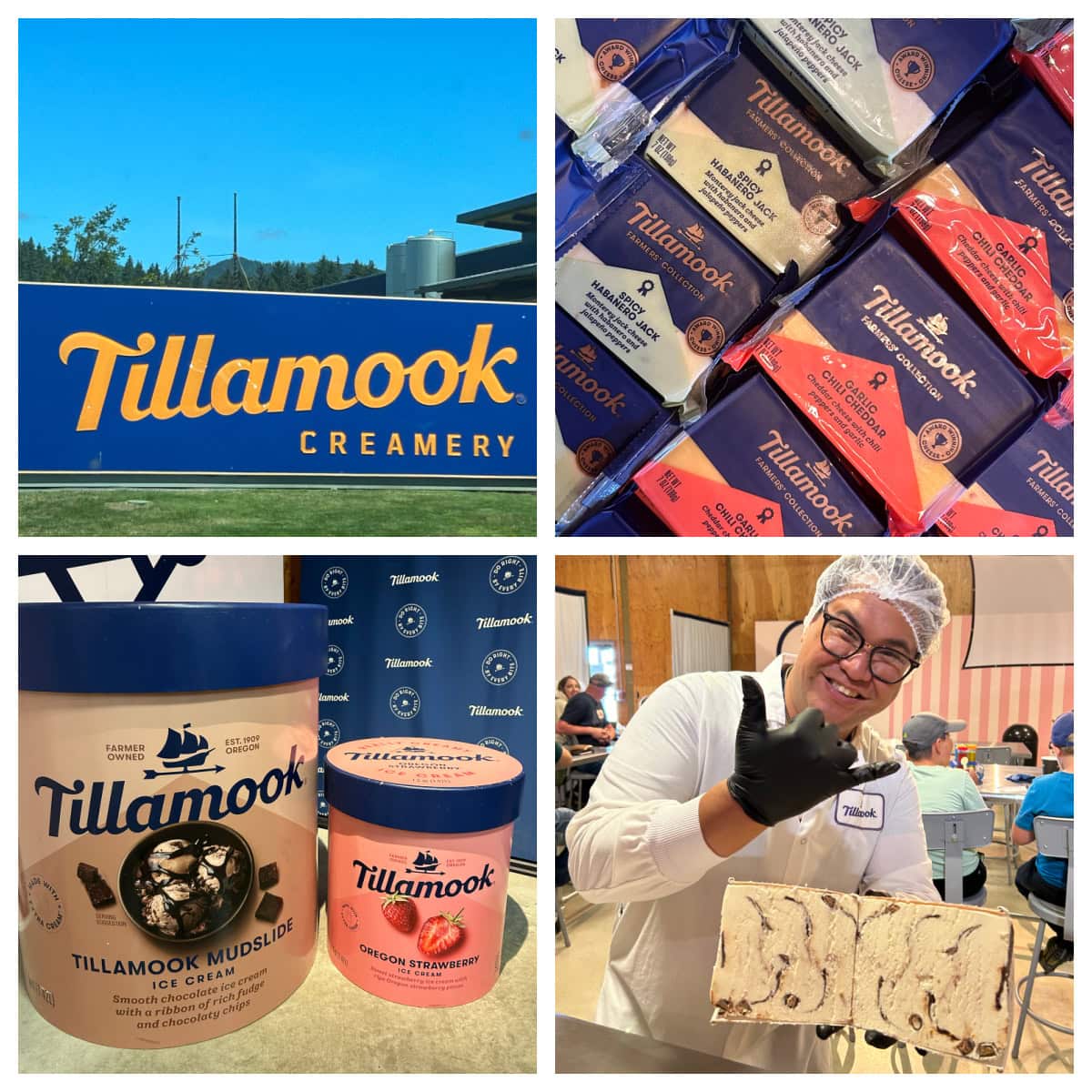 four photos showing tour of Tillamook cheese and ice cream factory