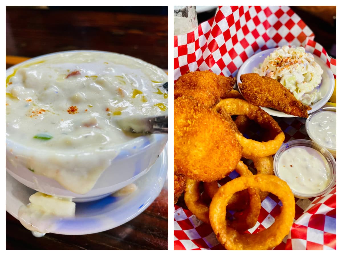 clam chowder and onion rings and fish
