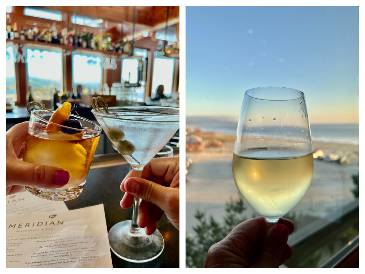 two photos showing cocktails and wine