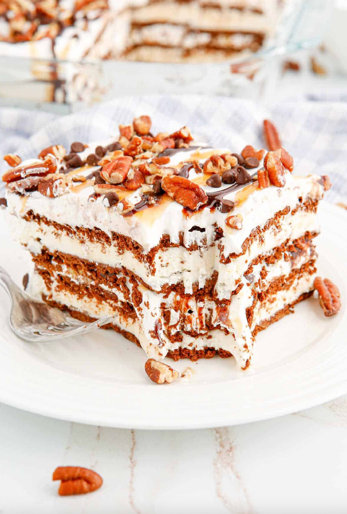 slice of turtle ice cream sandwich cake on plate