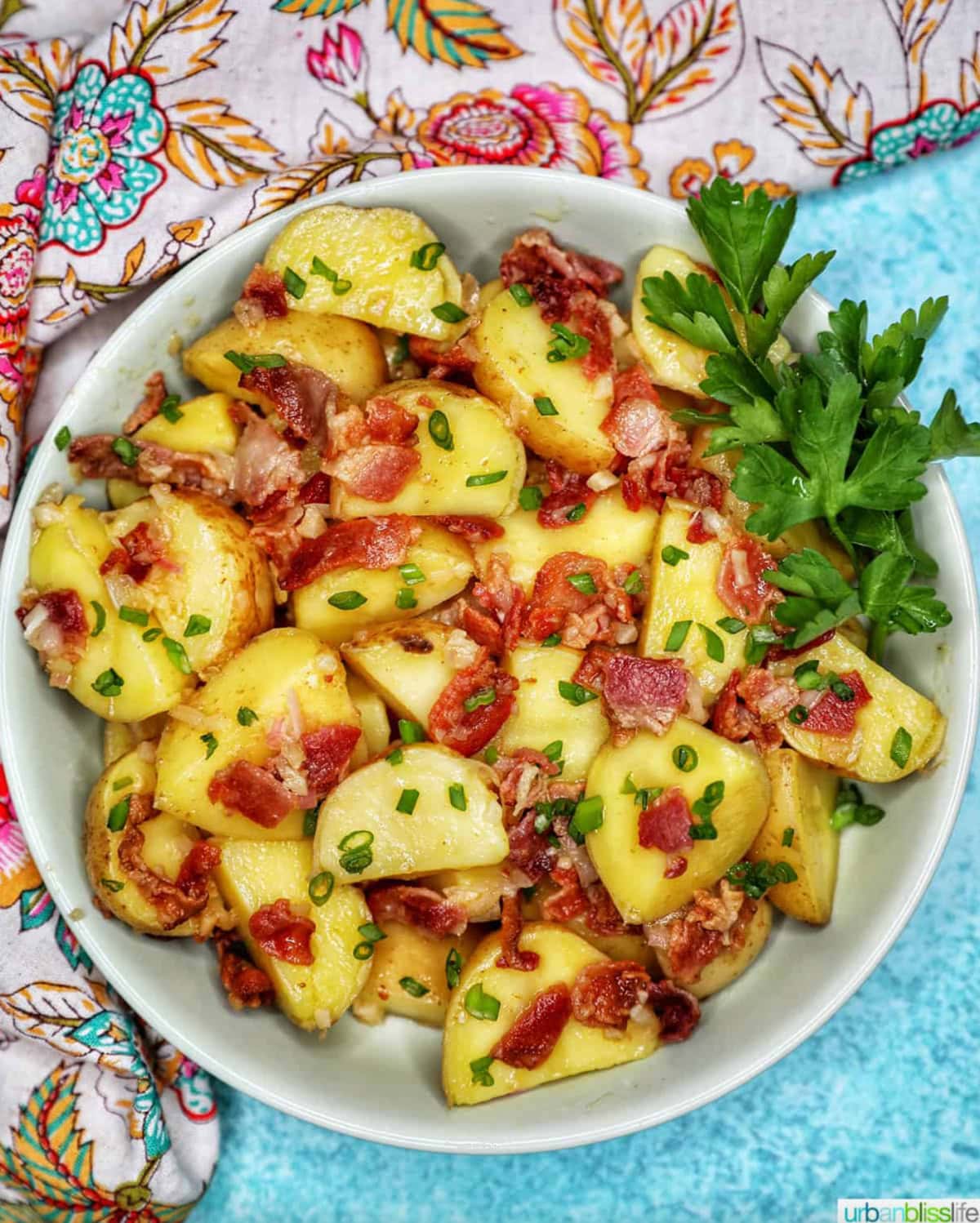 bowl of baby potato salad with bacon