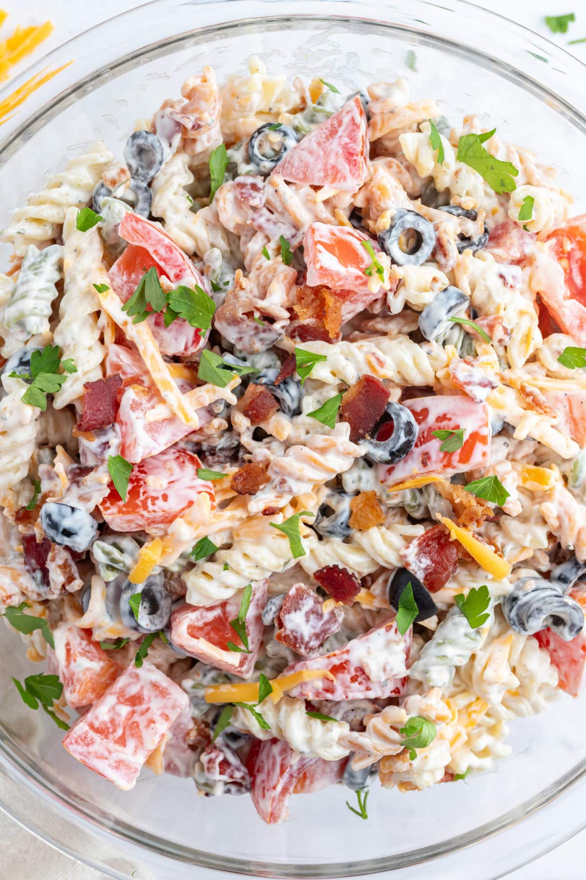 bacon ranch pasta salad in bowl