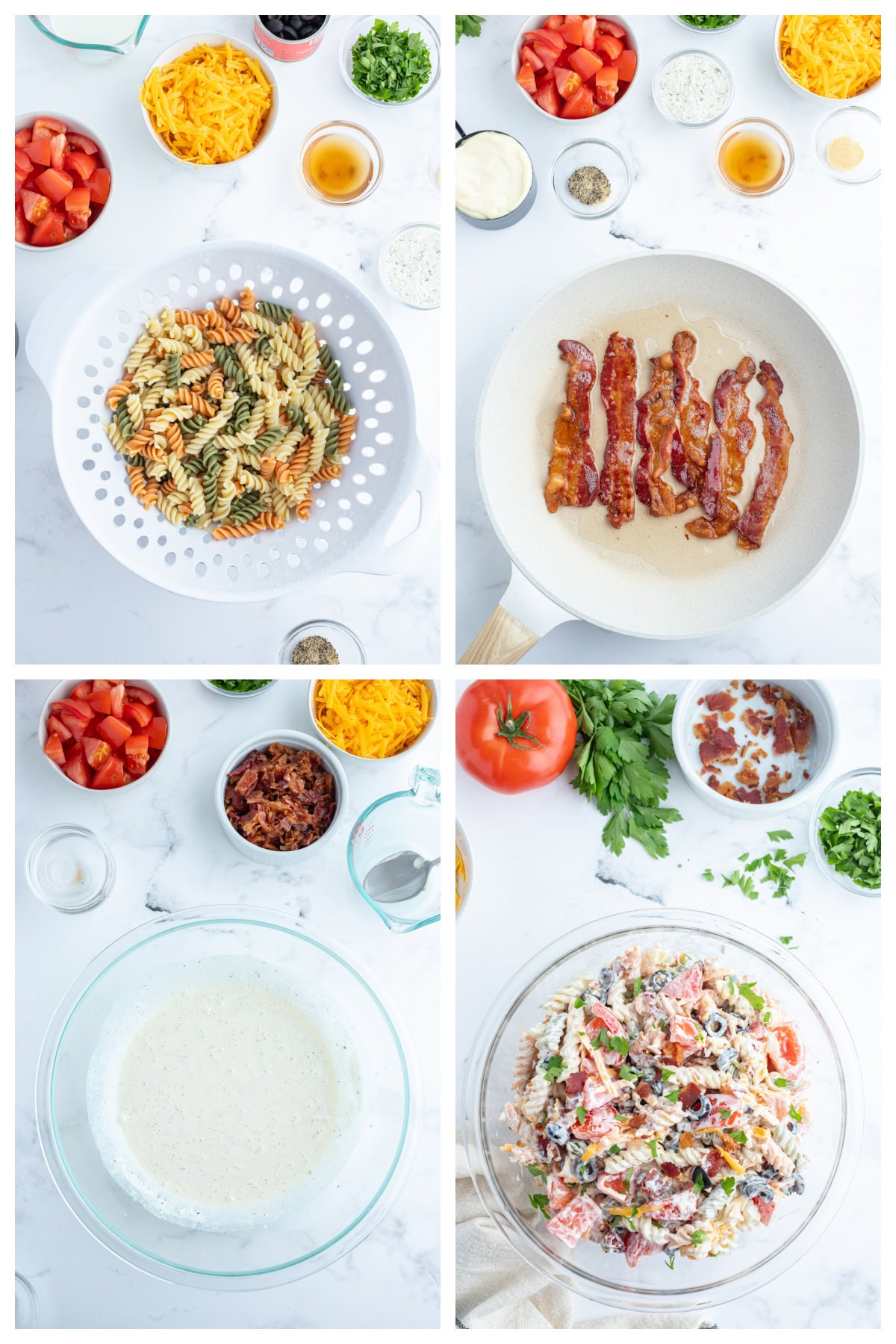 four photos showing how to make bacon ranch pasta salad