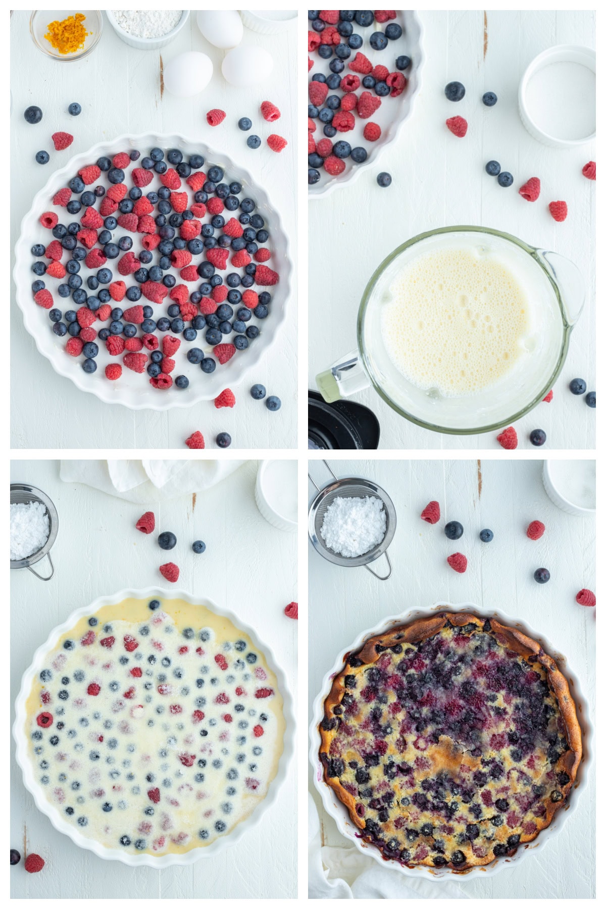 four photos showing how to make berry clafoutis