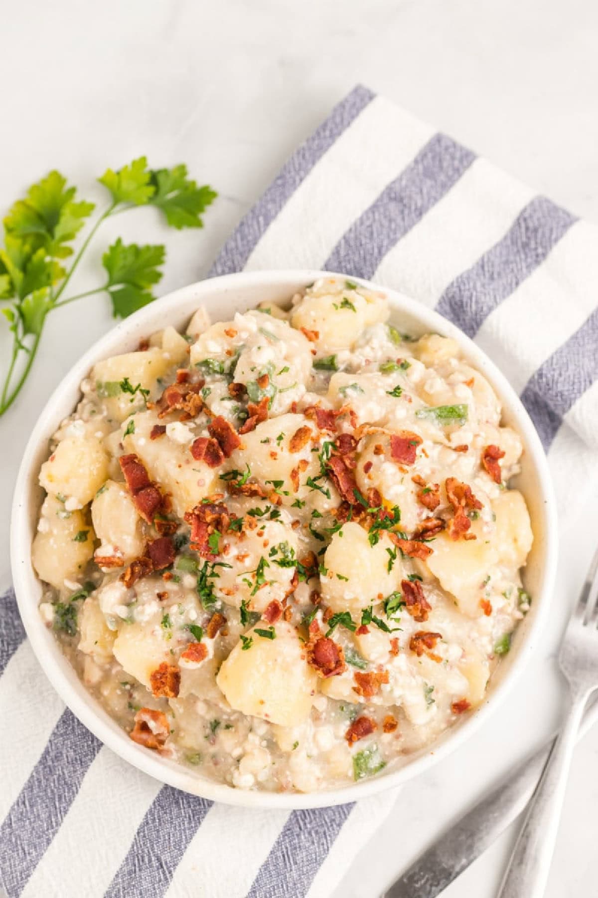 bowl of blue cheese and bacon potato salad