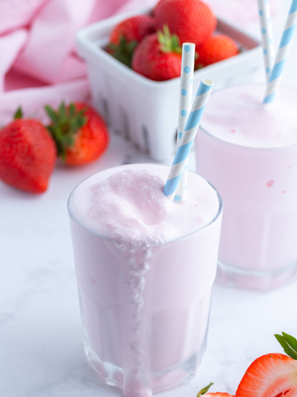 copycat wendy's strawberry frosty in glass with straw