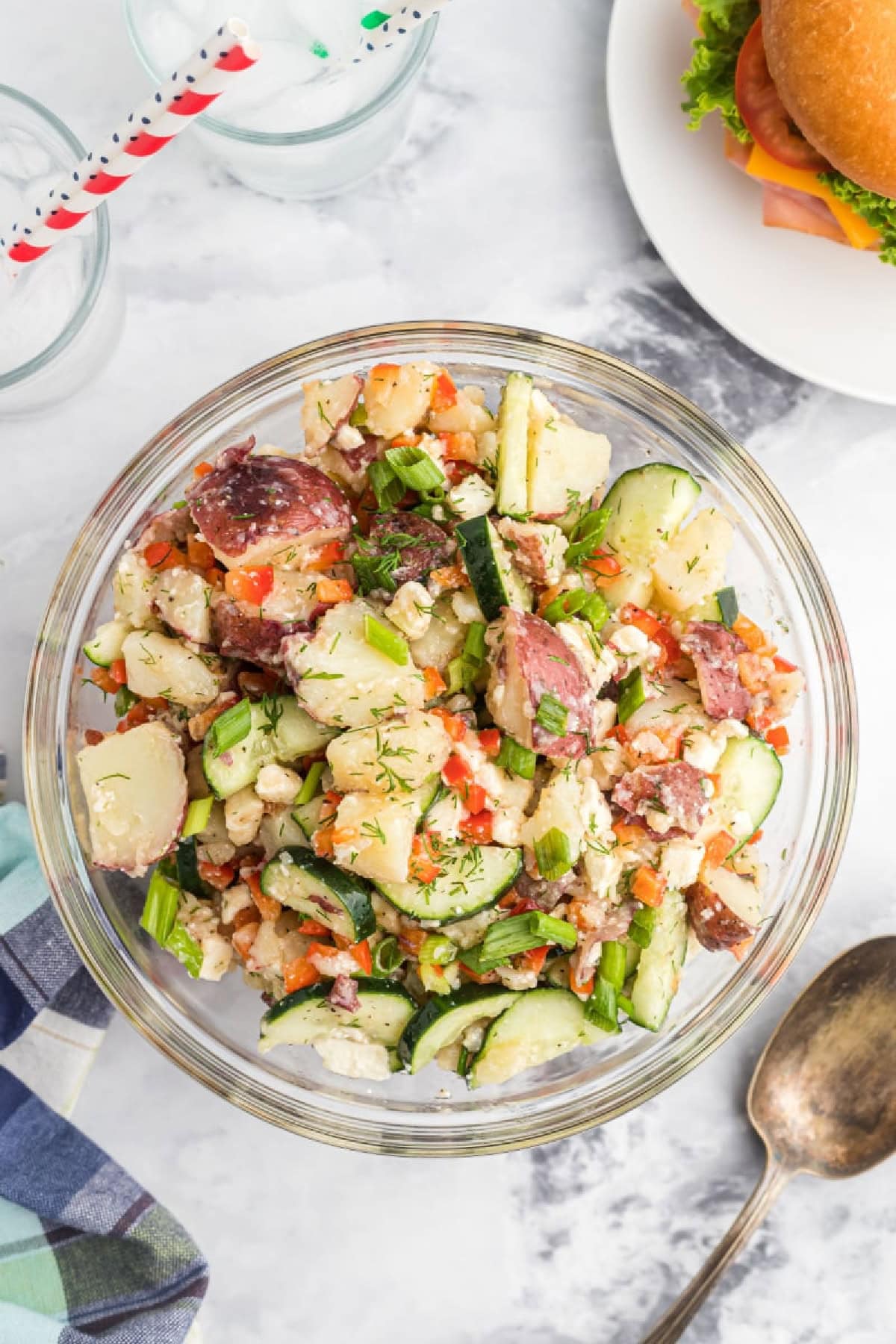 bowl of dill potato salad with feta