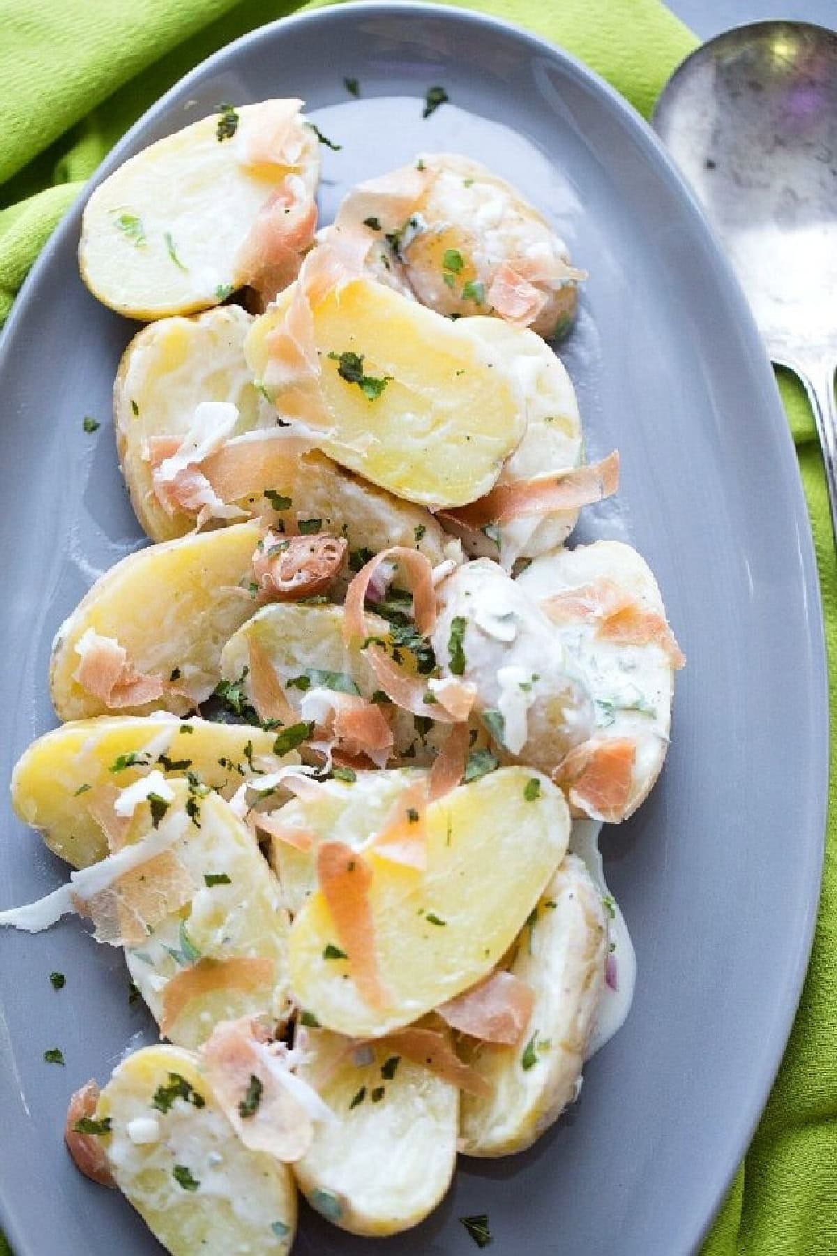 plate of fingerling potato and prosciutto salad