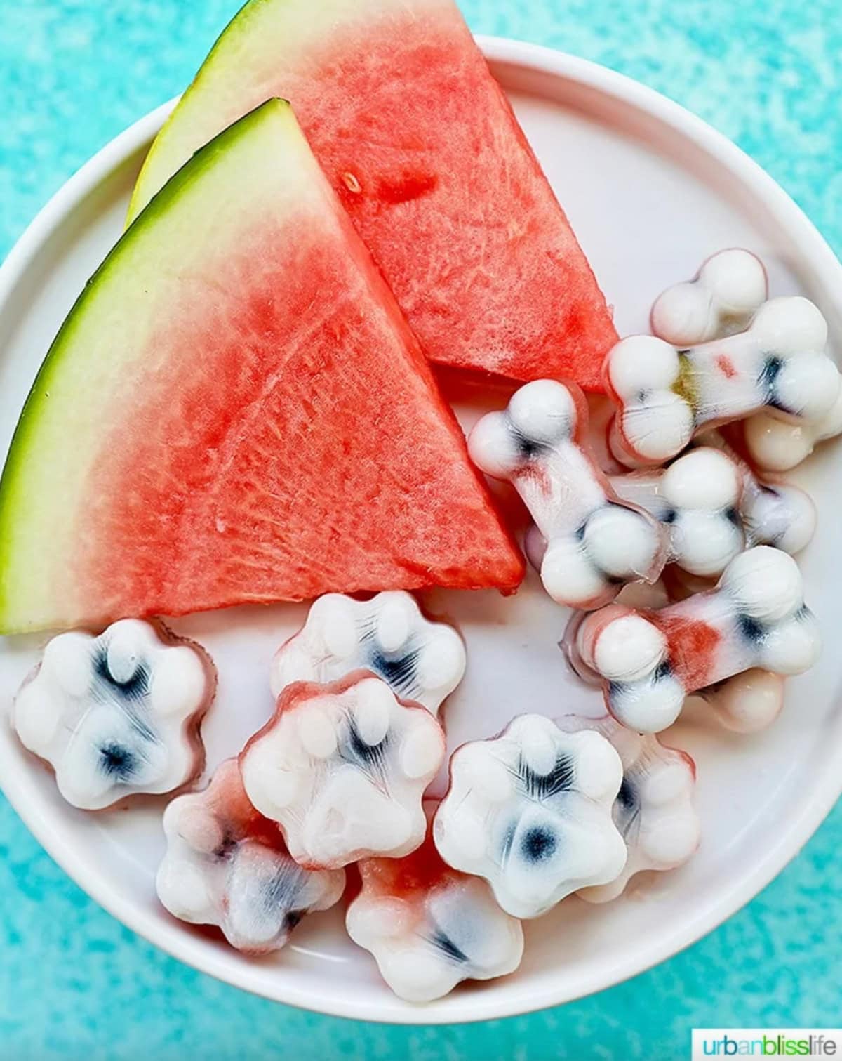 frozen watermelon blueberry yogurt dog treats on a plate with watermelon wedges