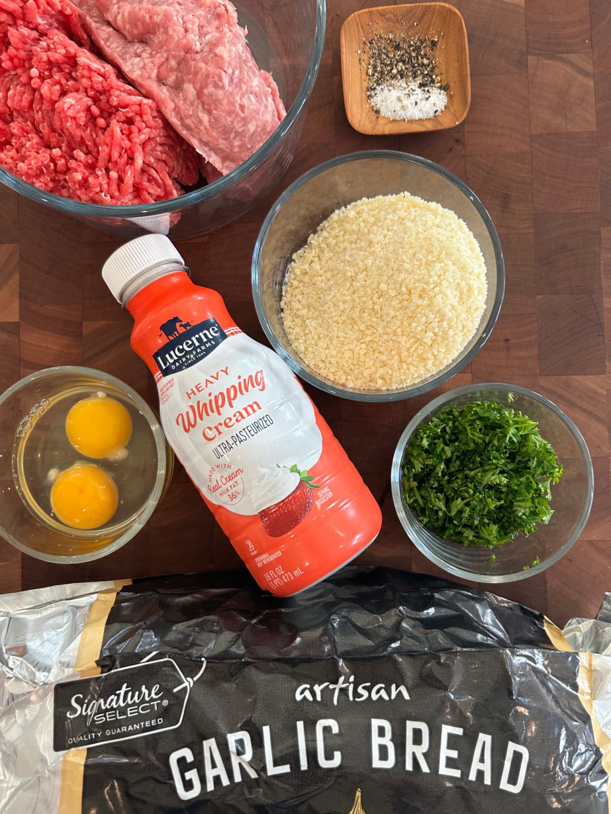 ingredients displayed for making garlic bread meatballs