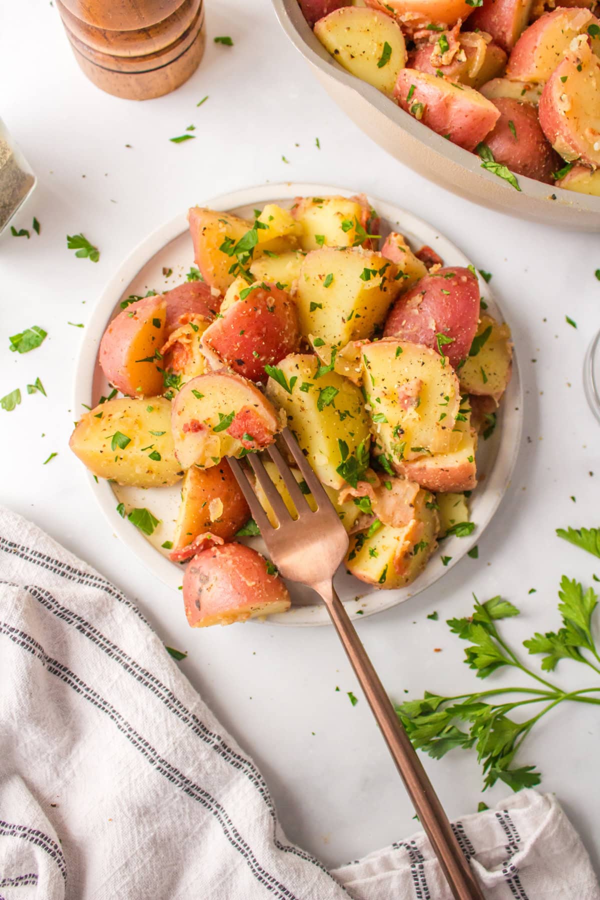 fork in a plate of german potato salad