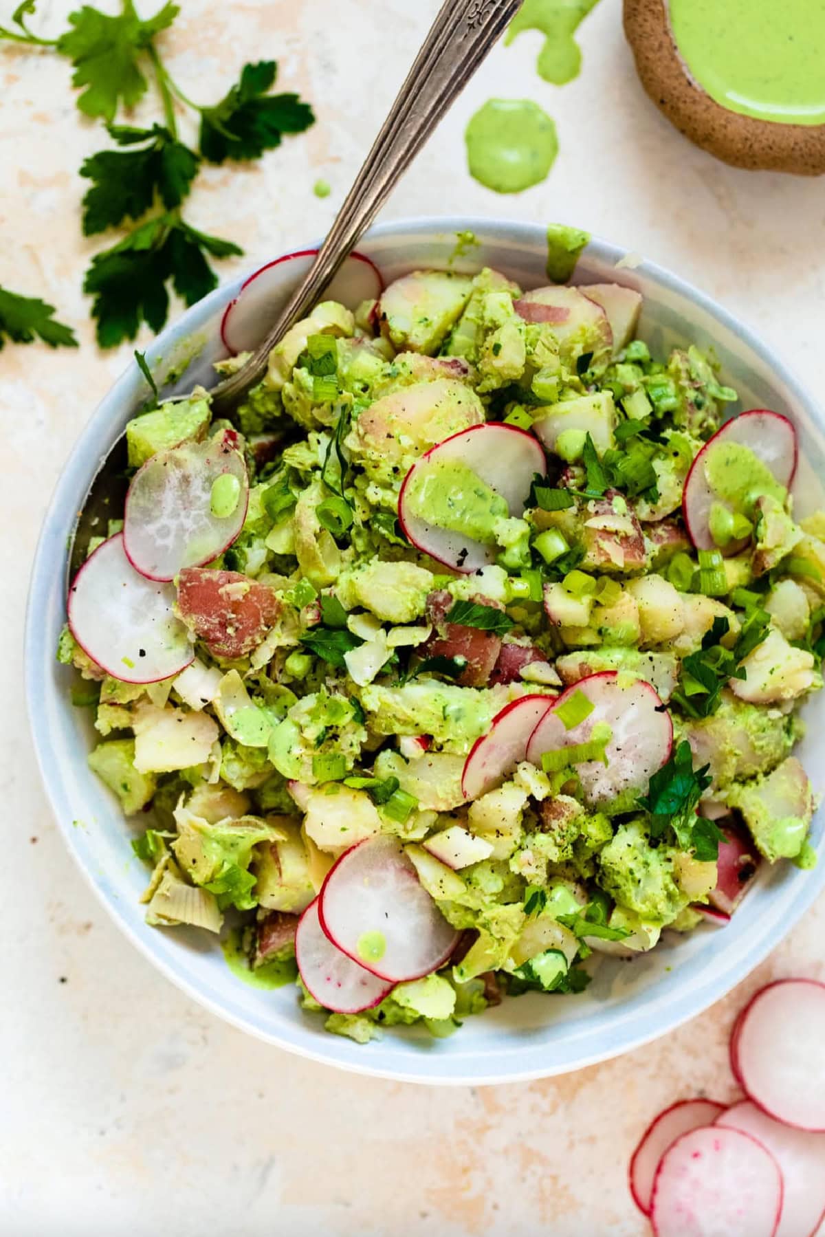 green goddess potato salad in bowl