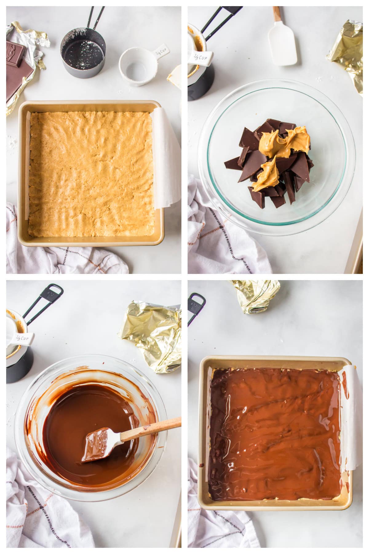 four photos showing how to make no bake peanut butter bars