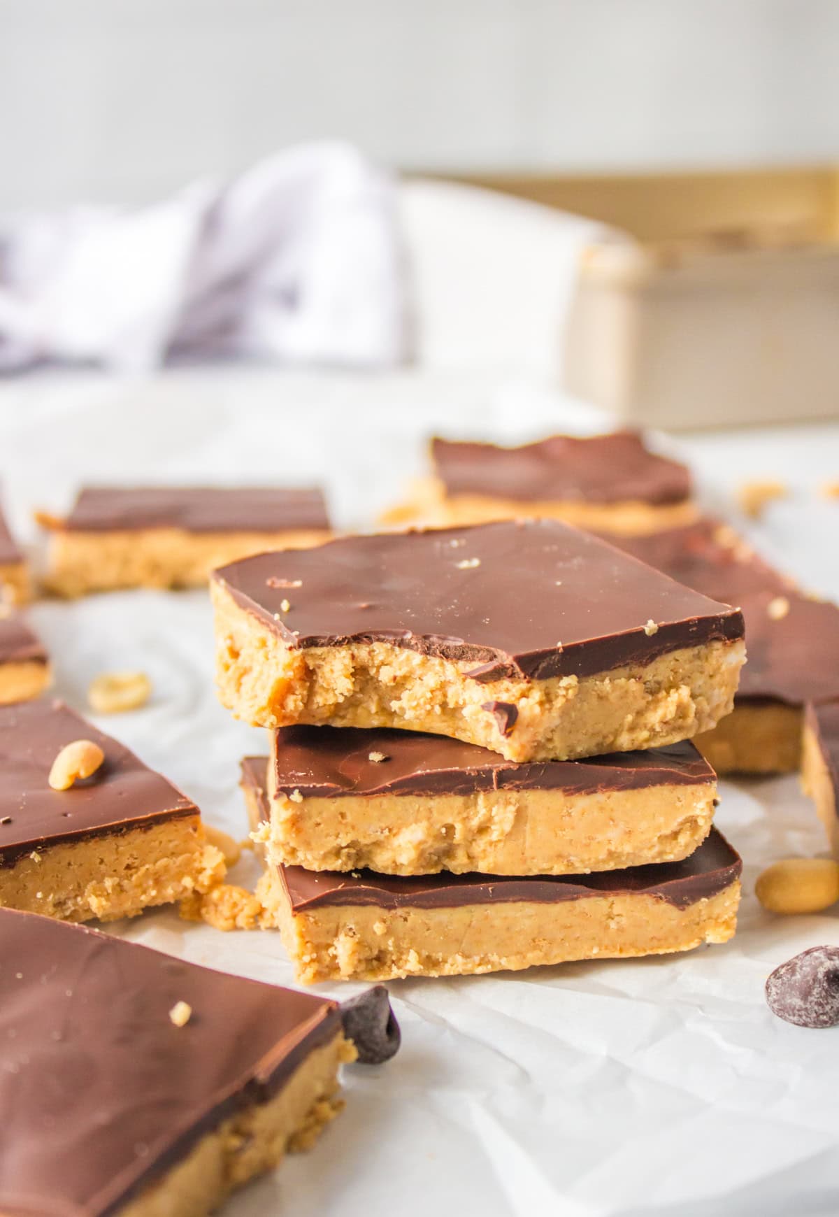 three stacked no bake peanut butter bars