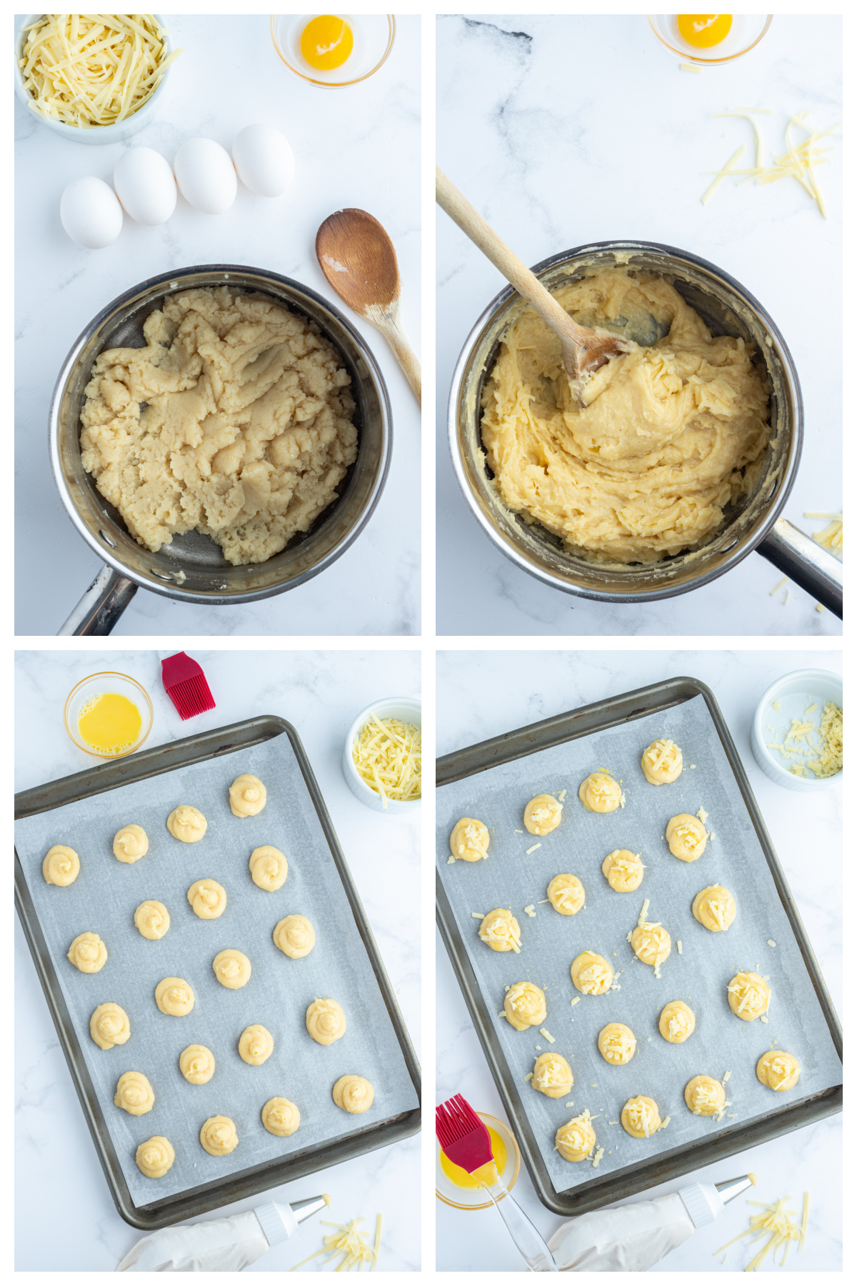 four photos showing how to make gougeres