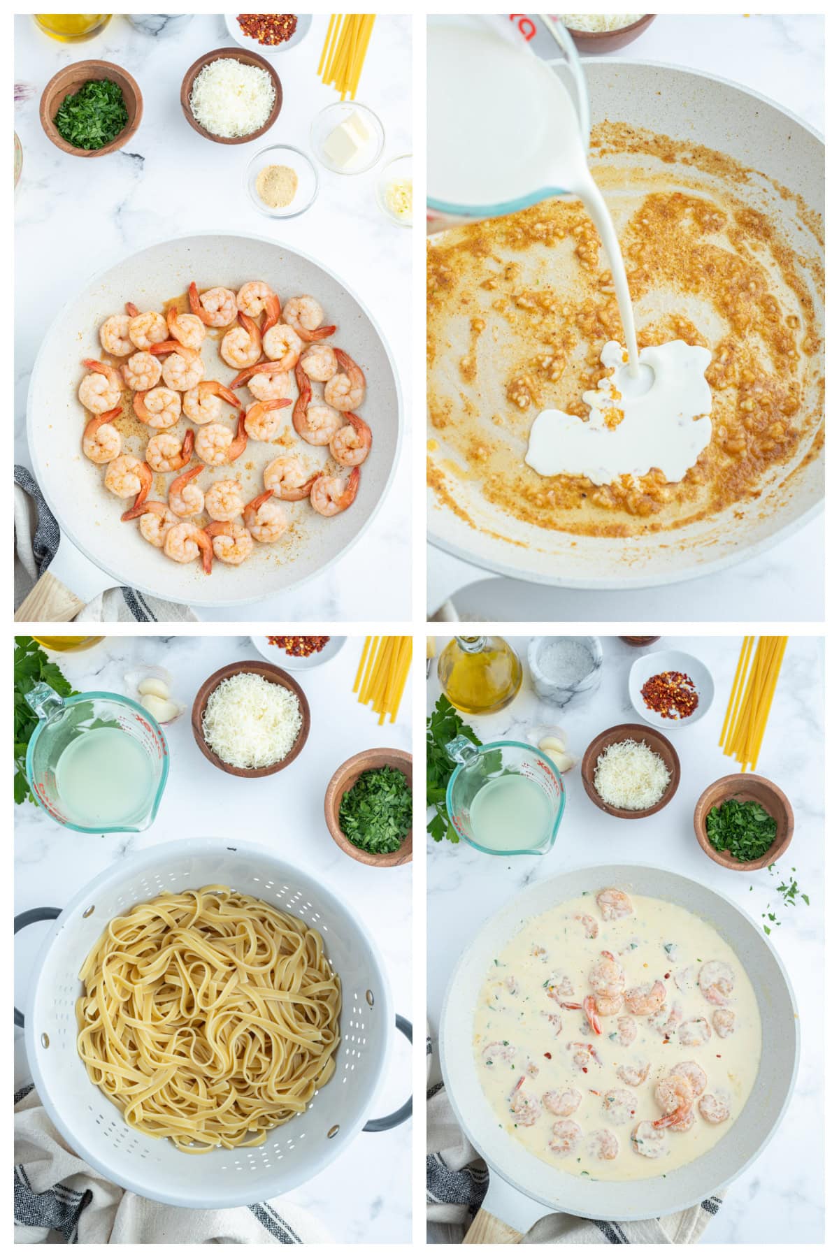 four photos showing how to make shrimp scampi alfredo