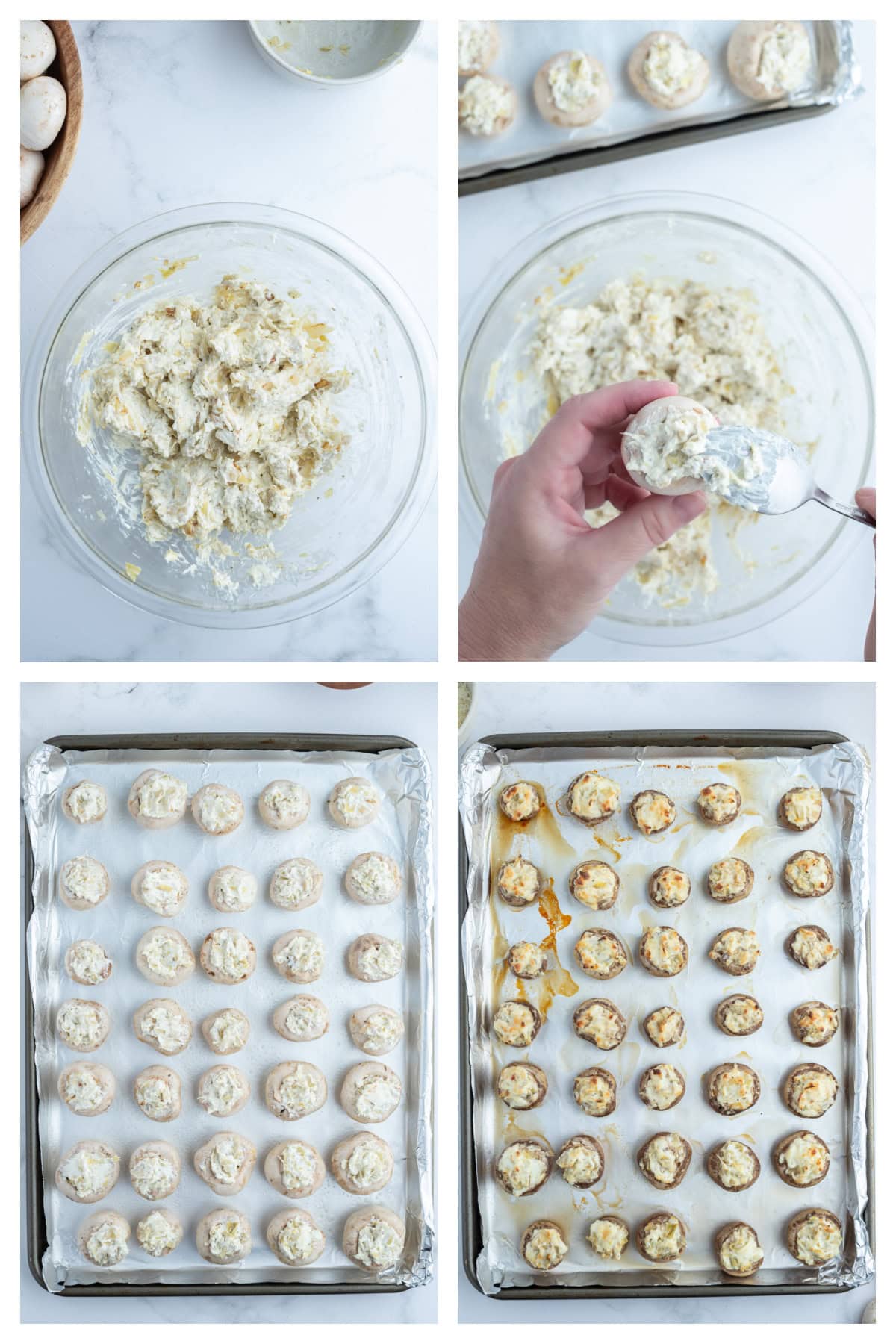 four photos showing how to make artichoke stuffed mushrooms