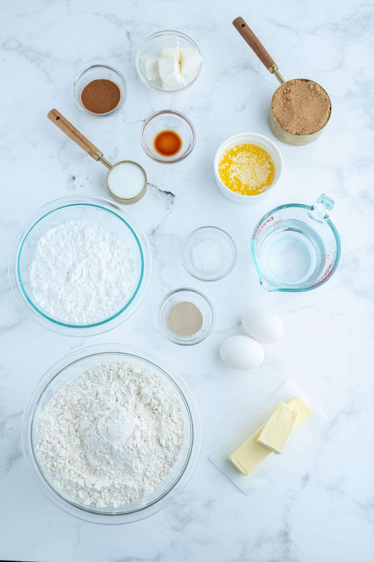 ingredients displayed for making copycat cinnabon cinnamon rolls