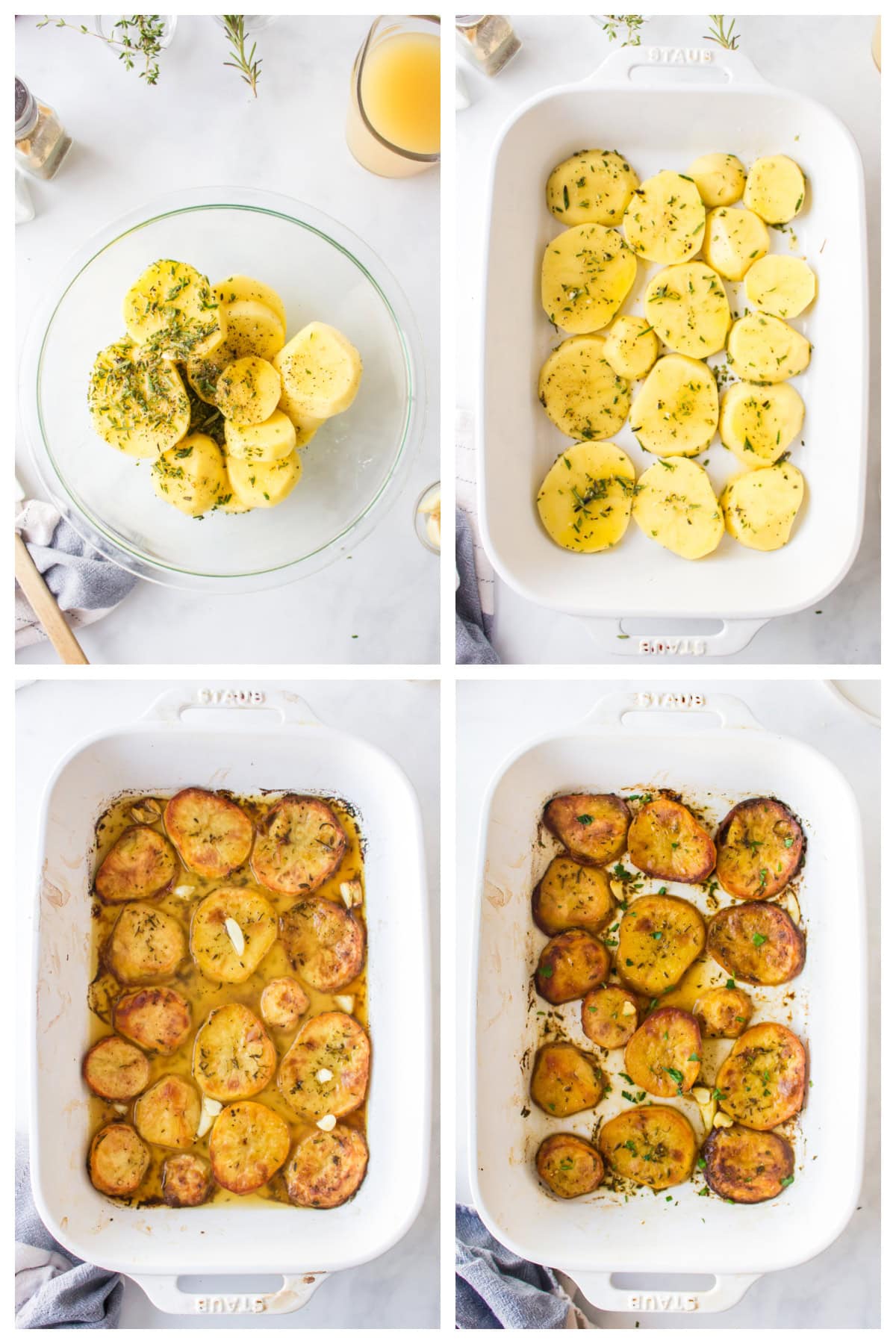 four photos showing how to make melting potatoes