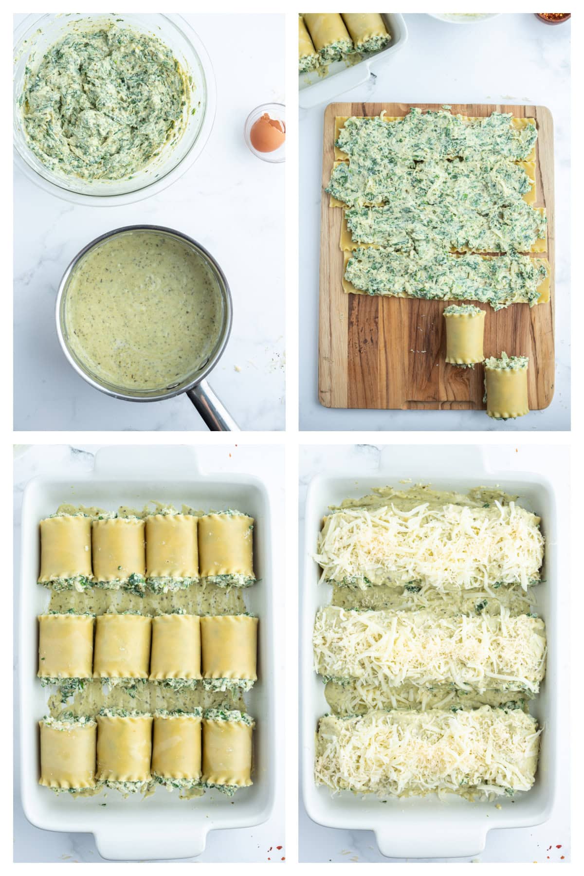 four photos showing how to make pesto lasagna rolls