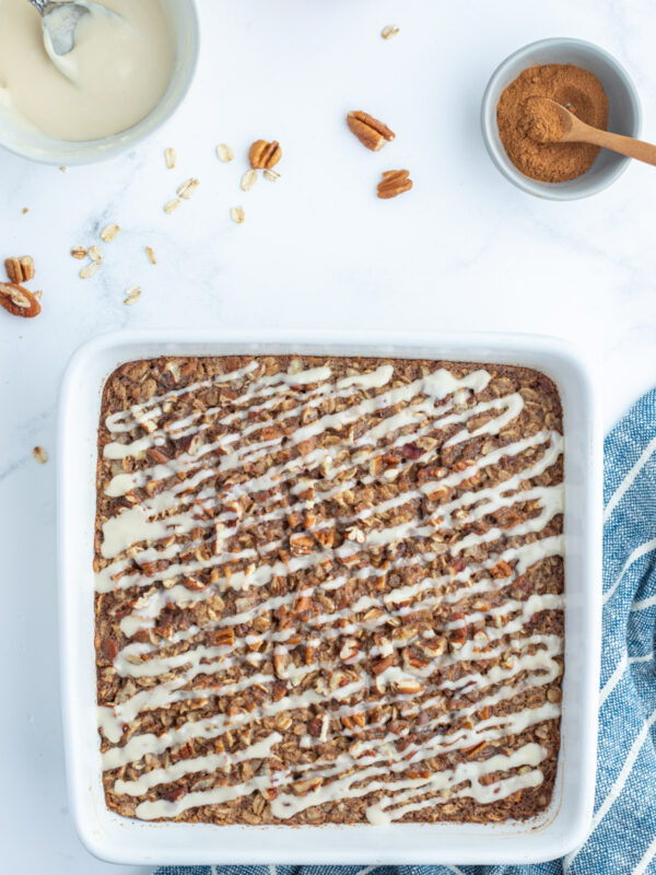 cinnamon roll baked oatmeal in baking dish