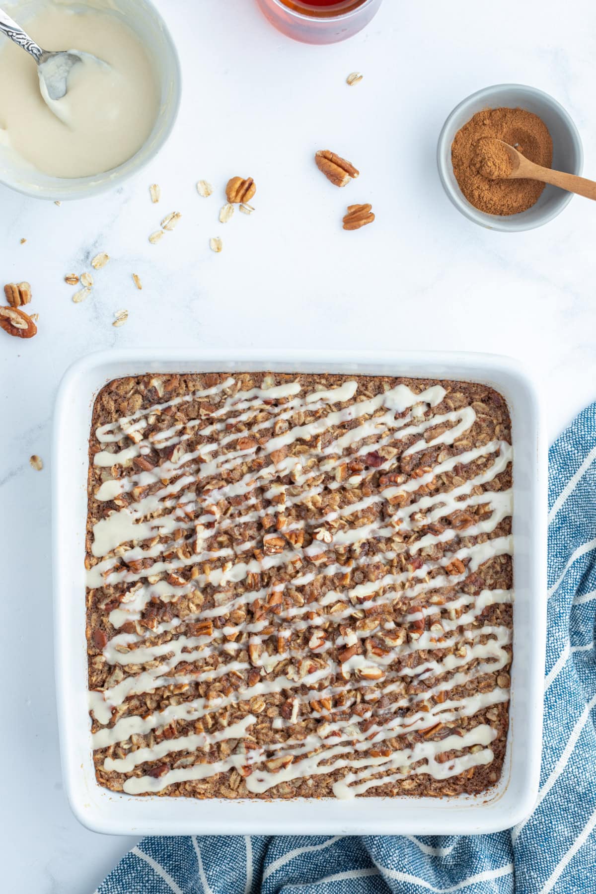 cinnamon roll baked oatmeal in baking dish