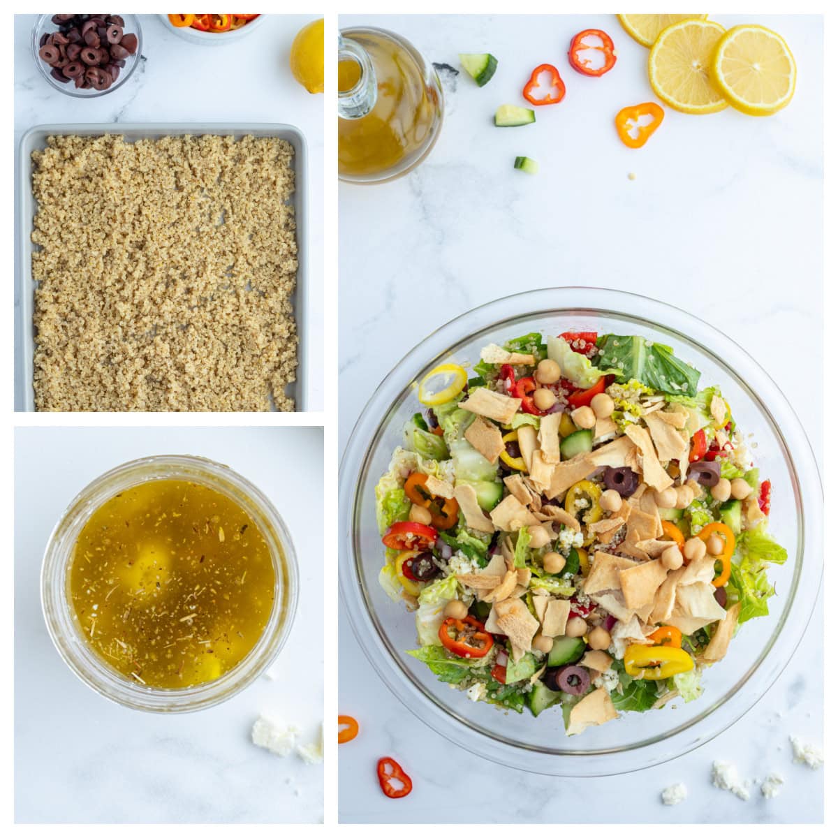 three photos showing how to make greek quinoa chopped salad