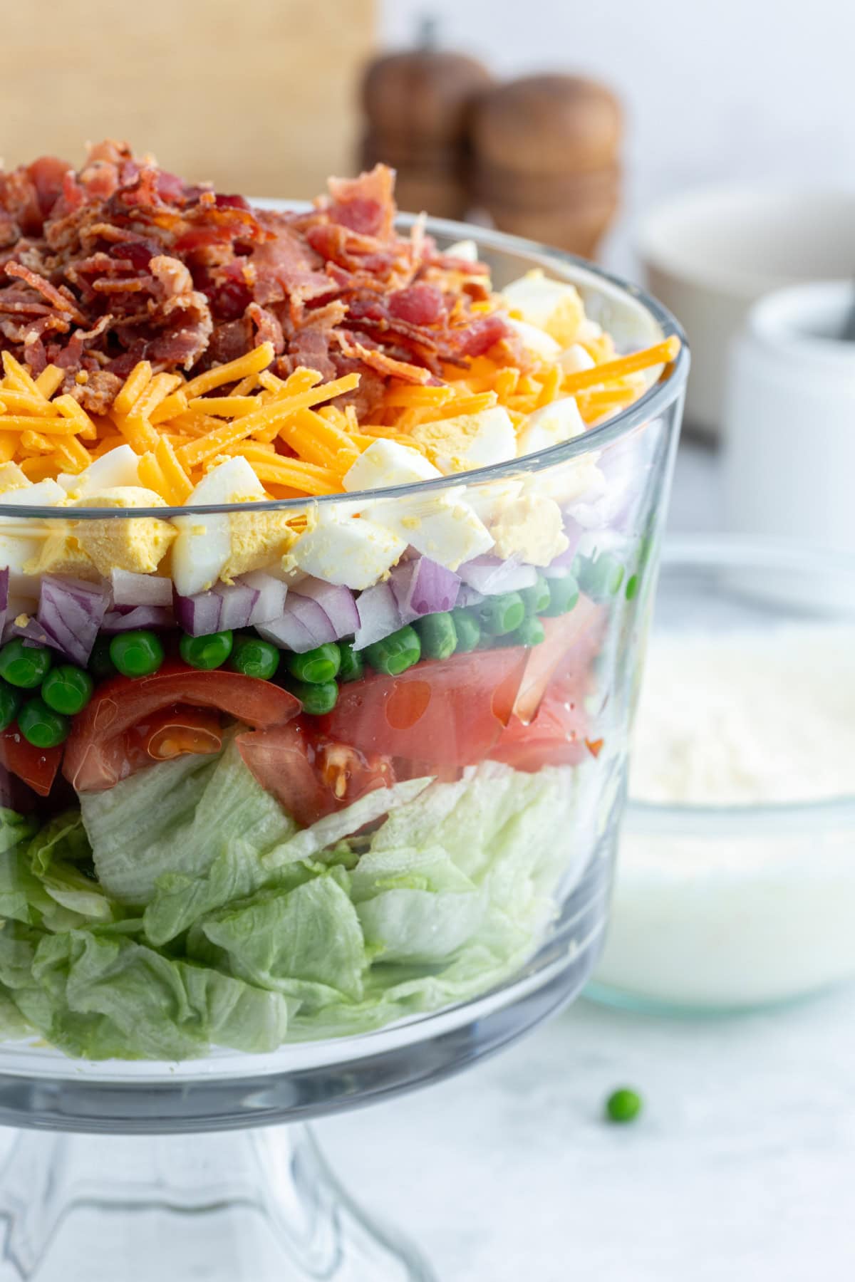 7 layer salad in bowl side view