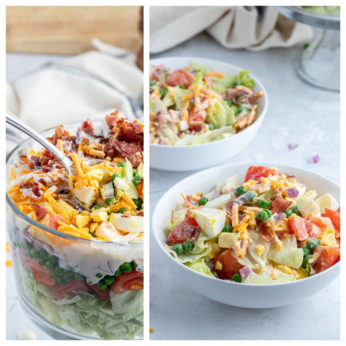 7 layer salad being tossed and then serving in bowl