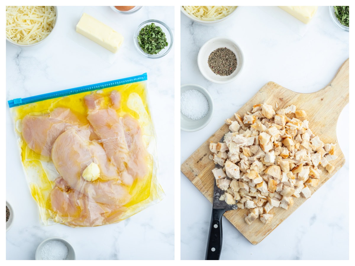 two photos showing how to prep chicken